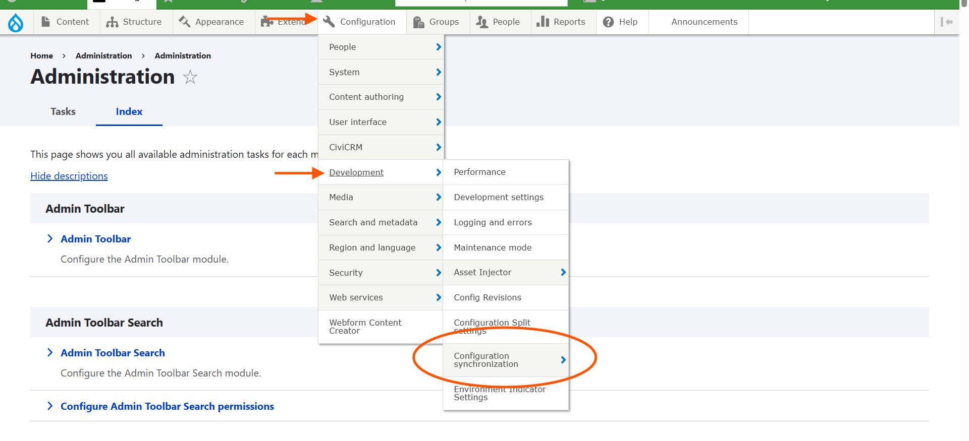 Screenshot of a Drupal administration screen showing navigation from the main admin menu to Configuration, to sub-menu item Development, to Configuration Synchronization