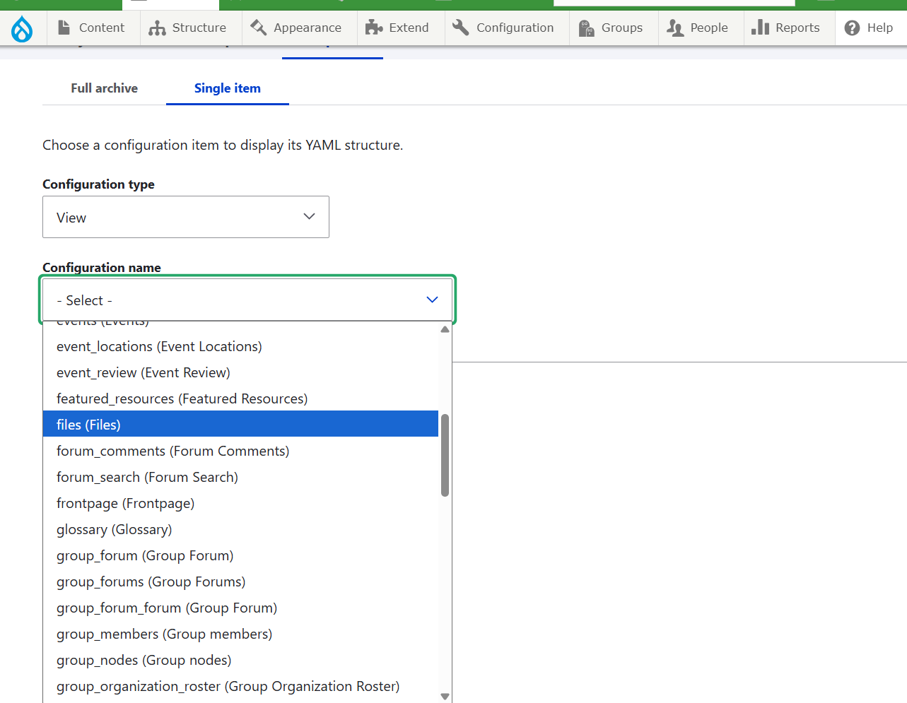 Screenshot of the configuration sync screen with the field labeled Configuration Name shown as an expanded dropdown list