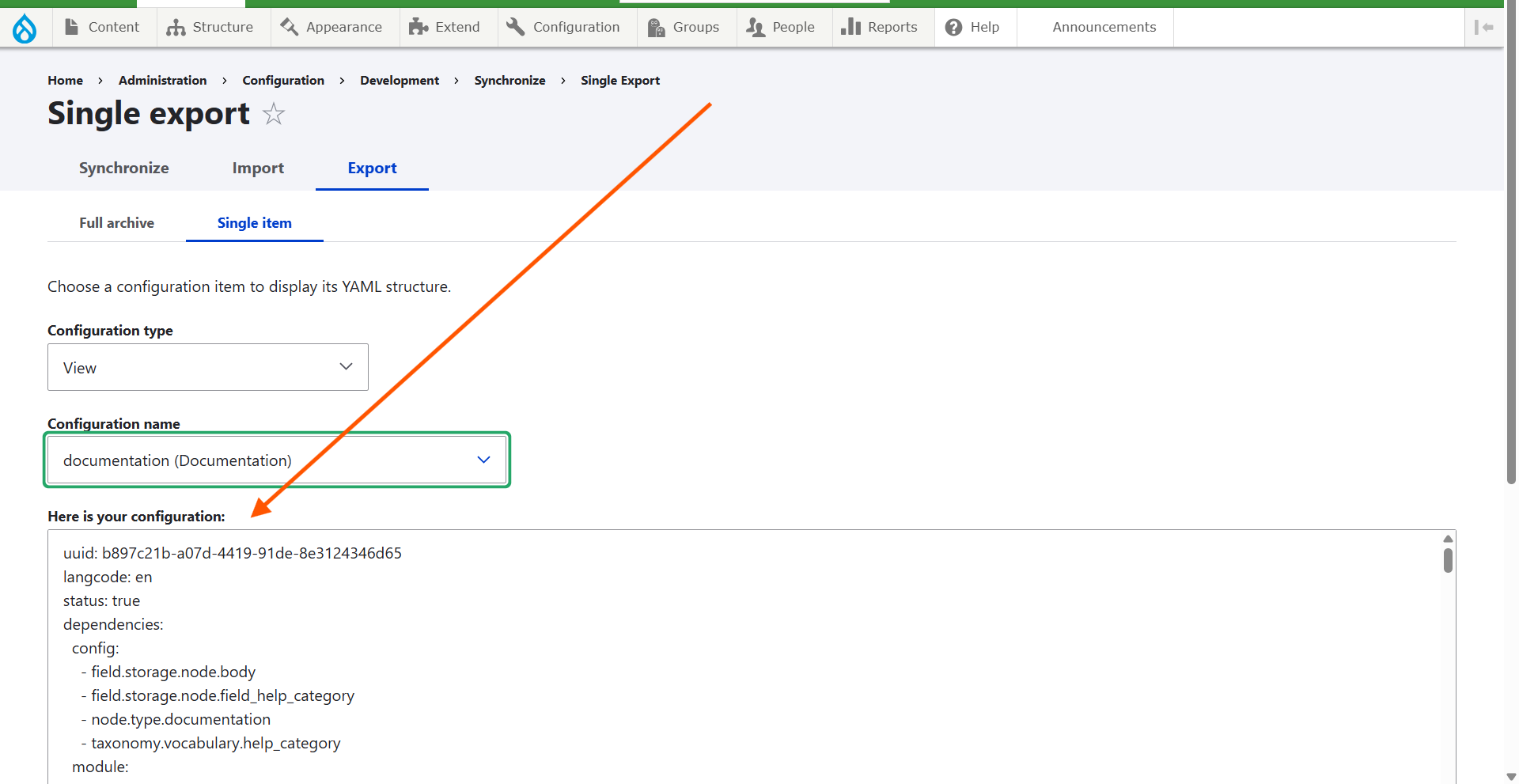 Screenshot of a single configuration item with the YAML file contents displayed. The field containing the YAML file contents is labeled &quot;Here is your configuration&quot; and is emphasized in this screenshot.