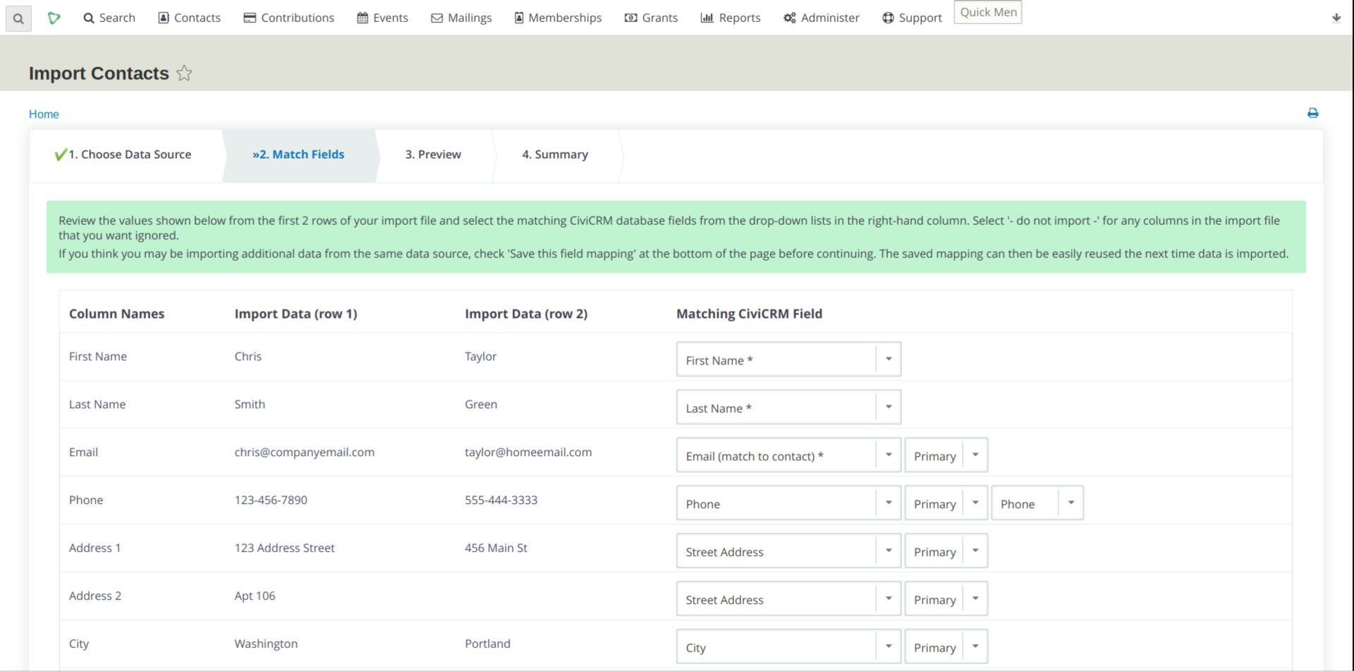 Screenshot: Importer Step 2, Match Fields