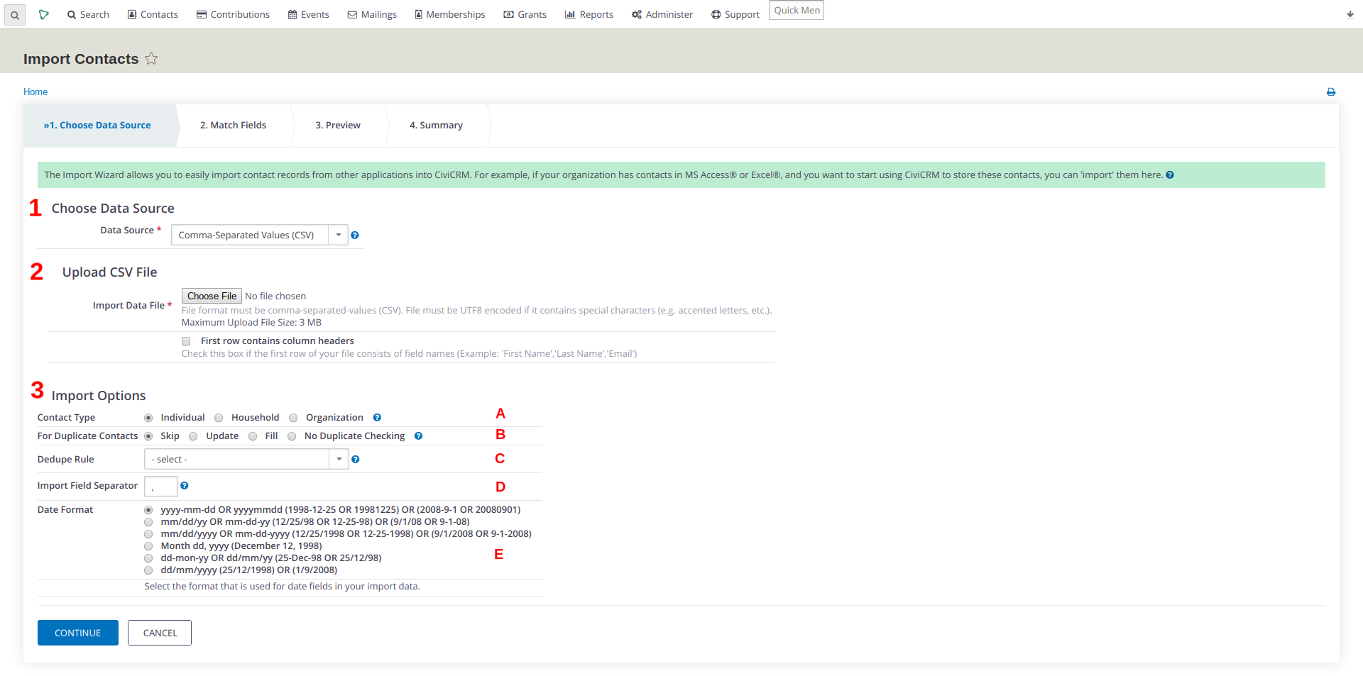 Screenshot of contact importer step 1