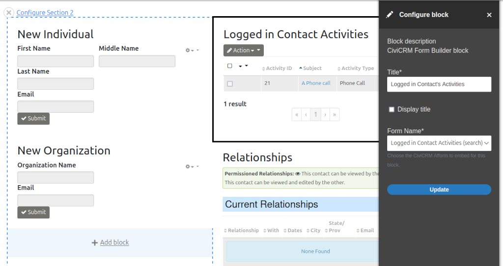 Screenshot of a page in Layout Builder edit mode, with separate Form Builder blocks: New Individual, New Organization, Logged In Contact Activities, and Relationships