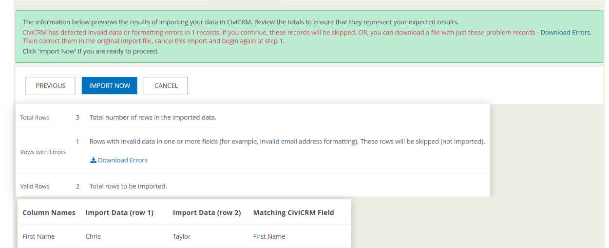 Screenshot of CiviCRM with multiple messages describing import errors. The error text is quoted below this image. 