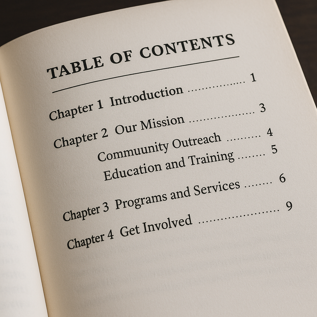 Chapter book table of content page