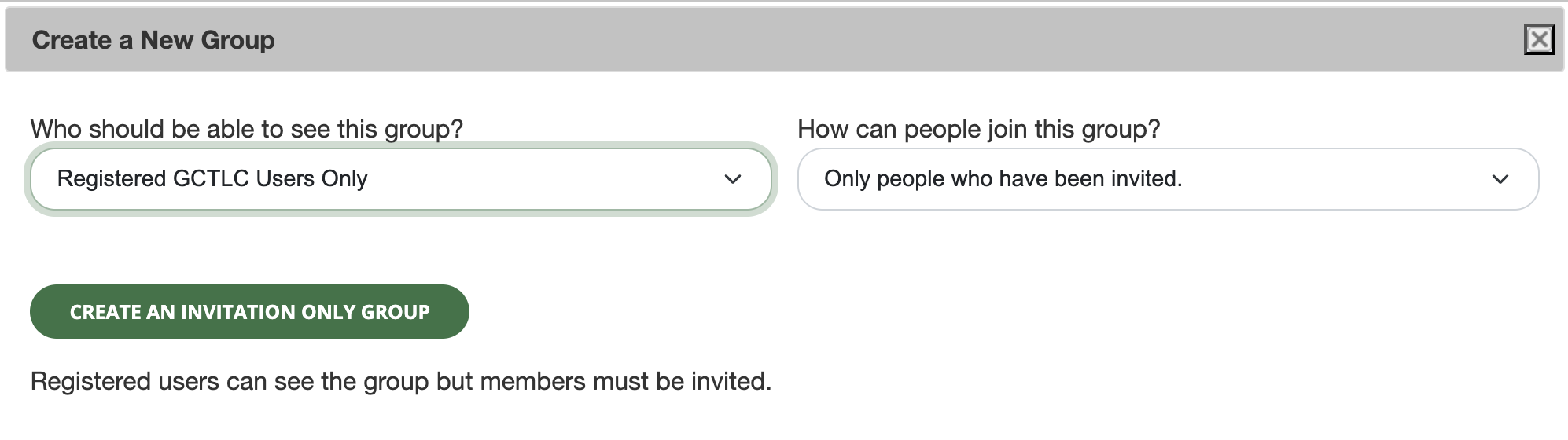 A screenshot from the GCTLC website shows how users can select options for who should be able to view the group and who should be able to join the group before creating a specific group type. This allows users to create the appropriate group type for their audience. 