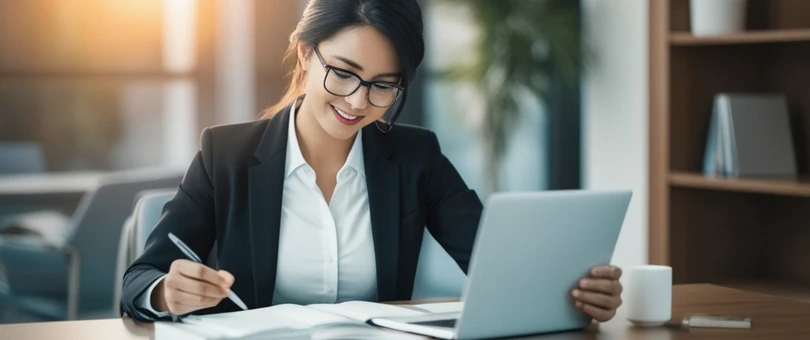 Professional woman reviewing documents on a laptop at a desk in a modern office.