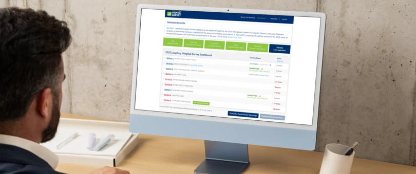 A desktop computer showing The Leapfrog Group’s hospital safety survey dashboard with section progress, error counts, and submission buttons.